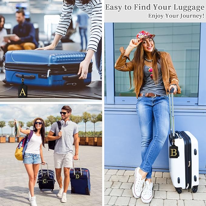 Personalized Initial Luggage Tags for Suitcase TSA Approved, Black Leather Cute Luggage Tag with Privacy Cover Name Card, Embroidered Custom Luggage Tags Travel Backpack Tags Gifts for Women Kids(T)