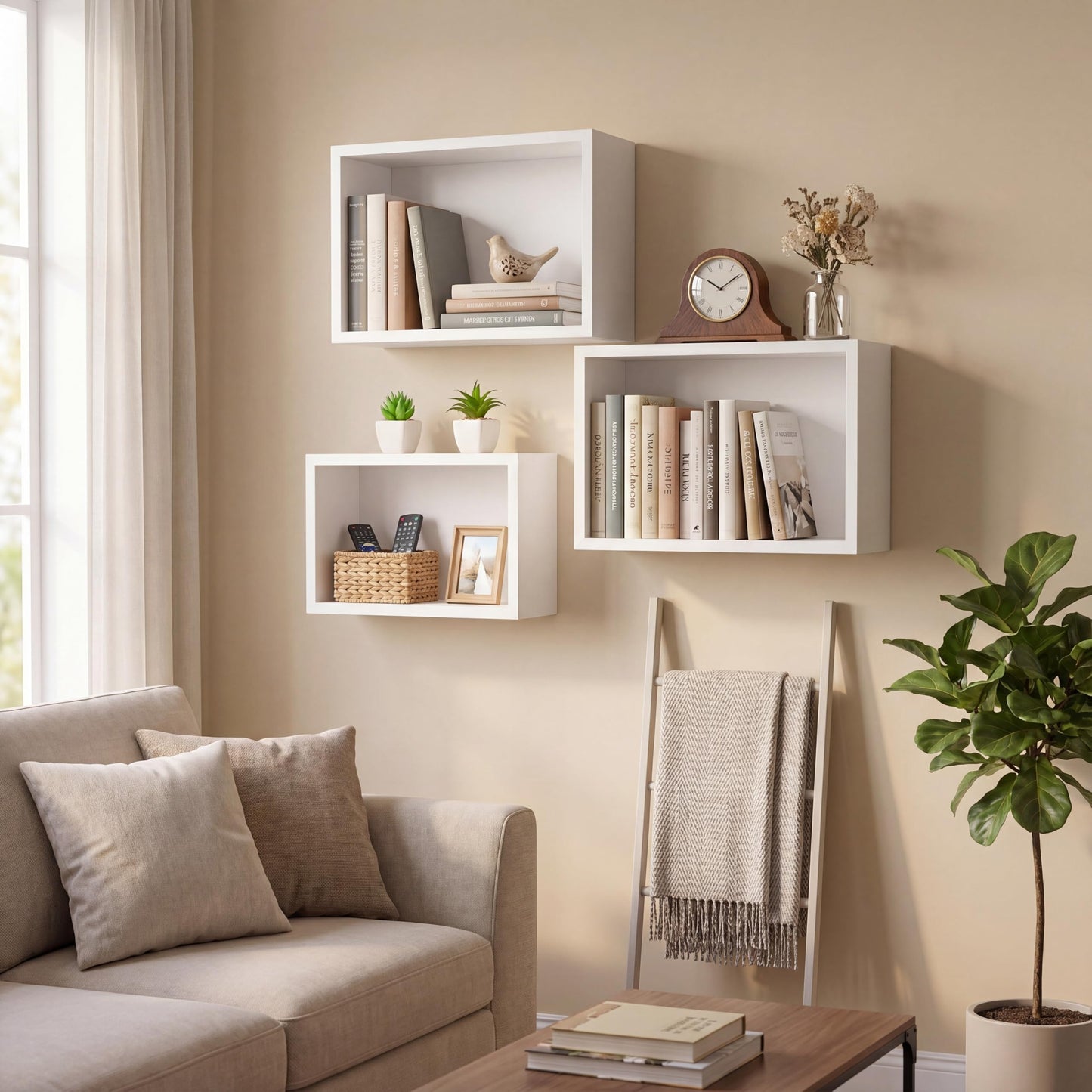 Novabright White 3 Set Floating Cube Shelves Wall Mounted Rustic Wood Square Storage Box Shelves Hanging Storage for Bathroom Decor Farmhouse Wall Toilet Living Room Kitchen Bedroom Organizer