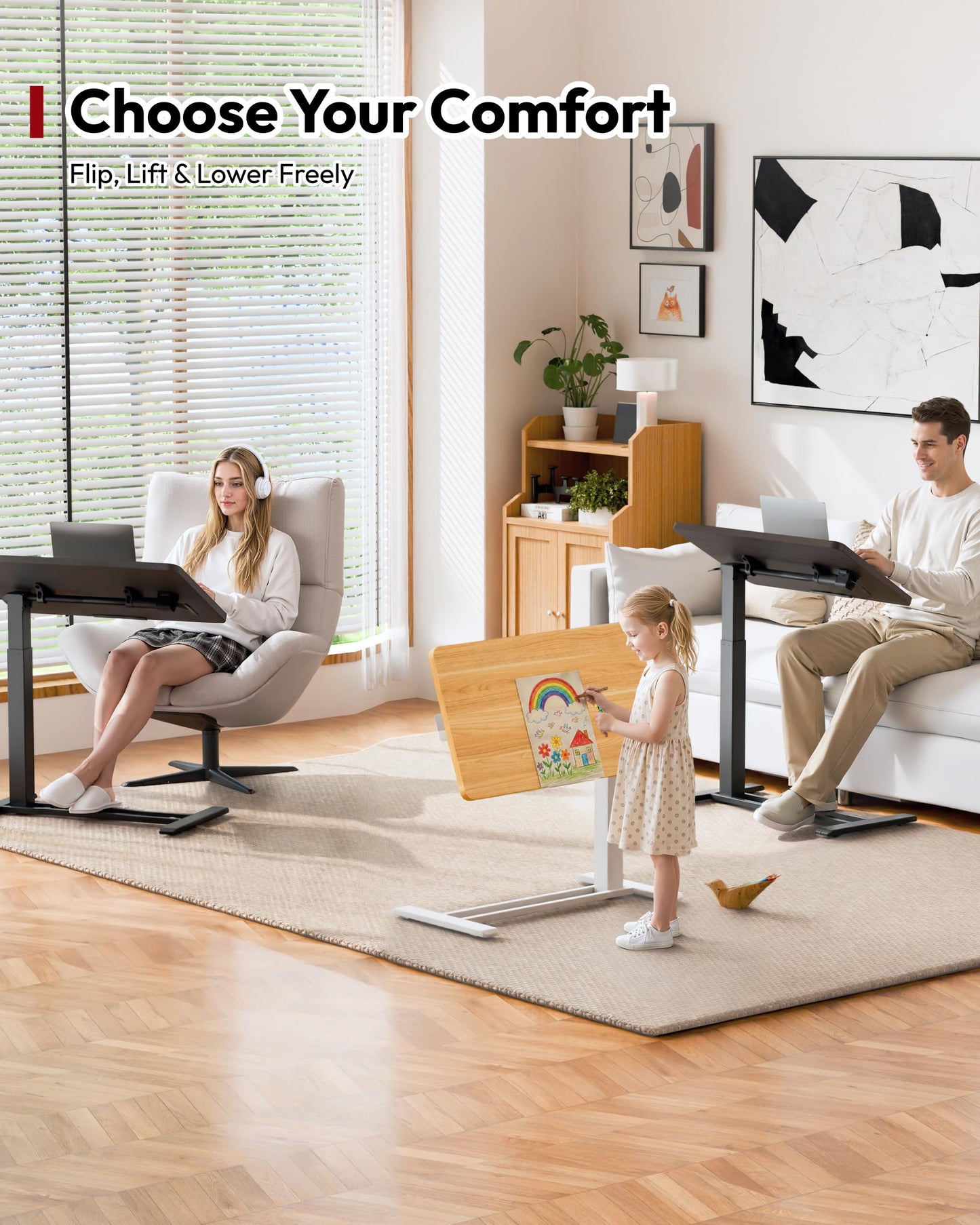 SANODESK Medical Adjustable Overbed Bedside Table with Casters 90° Tilt Top Pneumatic Mobile Rolling Laptop Computer Standing Desk Cart with Tray, Hospital and Home Use(27.6" W x 15.7" D, Black)