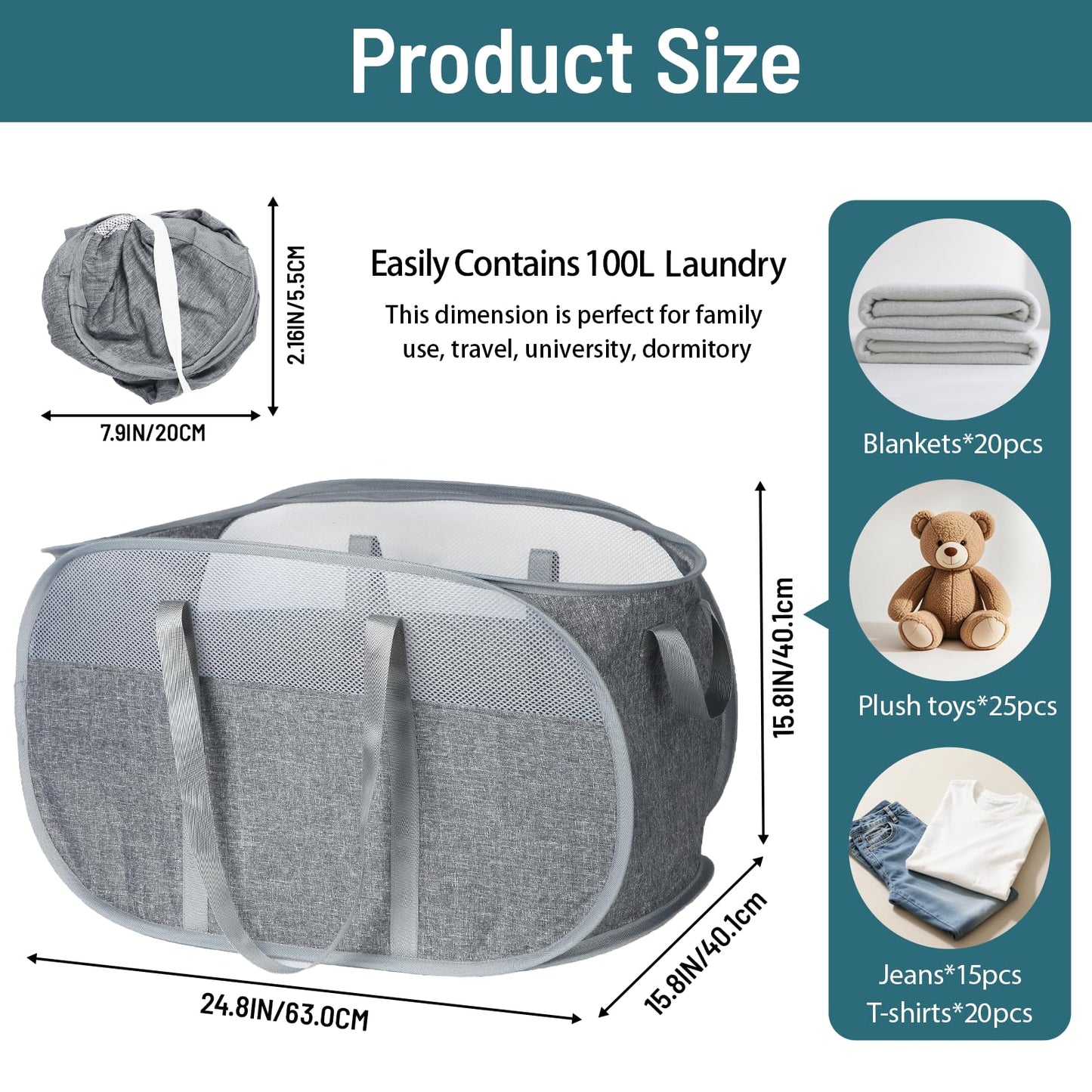 100L Collapsible Laundry Baskets, Tear Proof Pop Up Laundry Hamper with Dual Handles, Large Foldable Laundry Basket, Easy to Carry Laundry Hamper for Home, Laundry Room, Bedroom, Dorm, Travel Grey