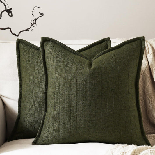 DEZENE 22x22 Linen Pillow Covers Olive Green Pack of 2 Farmhouse Boho Neutral Accents Striped Textured Square Decorative Throw Pillow Cases for Living Room Couch Bed Home Decor