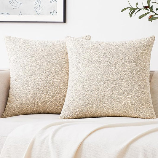 Mixhug Decorative Boucle Throw Pillow Covers, Beige, 20 x 20 Inches, Pack of 2 - Neutral Textured Boho Pillow Covers for Couch and Bed