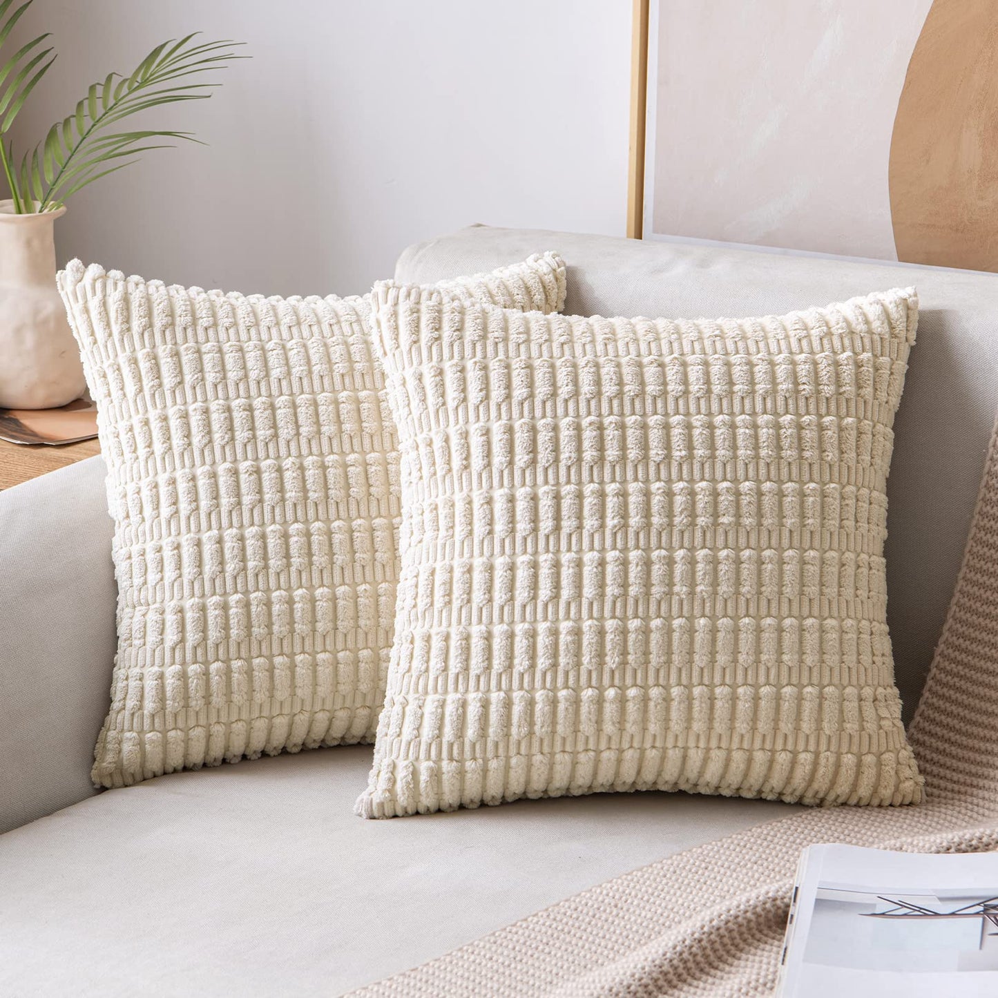 MIULEE Pack of 2 Corduroy Decorative Throw Pillow Covers 16x16 Inch Soft Boho Striped Pillow Covers Modern Farmhouse Home Decor for Sofa Couch Bed Cream White Bundle Fleece Blanket 50x60 inch