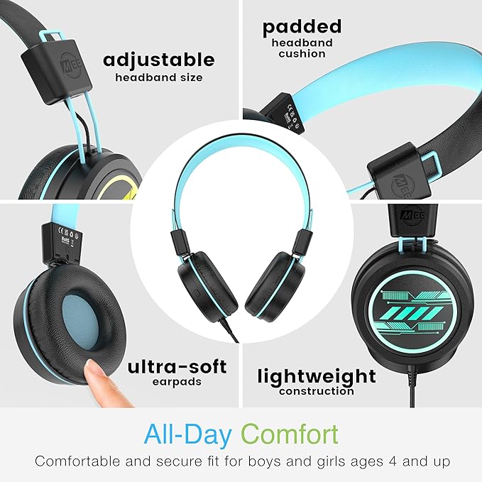 MEE audio KidJamz KJ55 Safe Listening USB-C Headphones for Children with Multicolor LED Lights, Volume Limiter, & Microphone; On-Ear Wired Kid Headset for iPhone 16, iPad, & USB Type C Devices (Black)