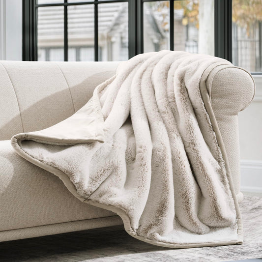 EVERGRACEHOME Ultra Soft Luxury Fluffy Mink Faux Fur Throw Blanket, Thick Warm Fall Winter Blankets for Bed, Couch, Cozy Plush Reversible Blanket for Chair, Sofa (Tipped Champagne Ivory, 50"x60")