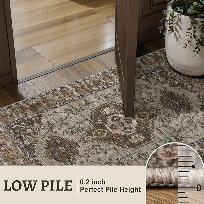 Tangsoo 2.6x10 Washable Hallway Runner Rug, Non Slip Vintage Runner Rug for Hallways, Soft Low Pile Long Rug Runner, Print Distressed Carpet Runners for Kitchen Bedroom Entryway Living Room Grey