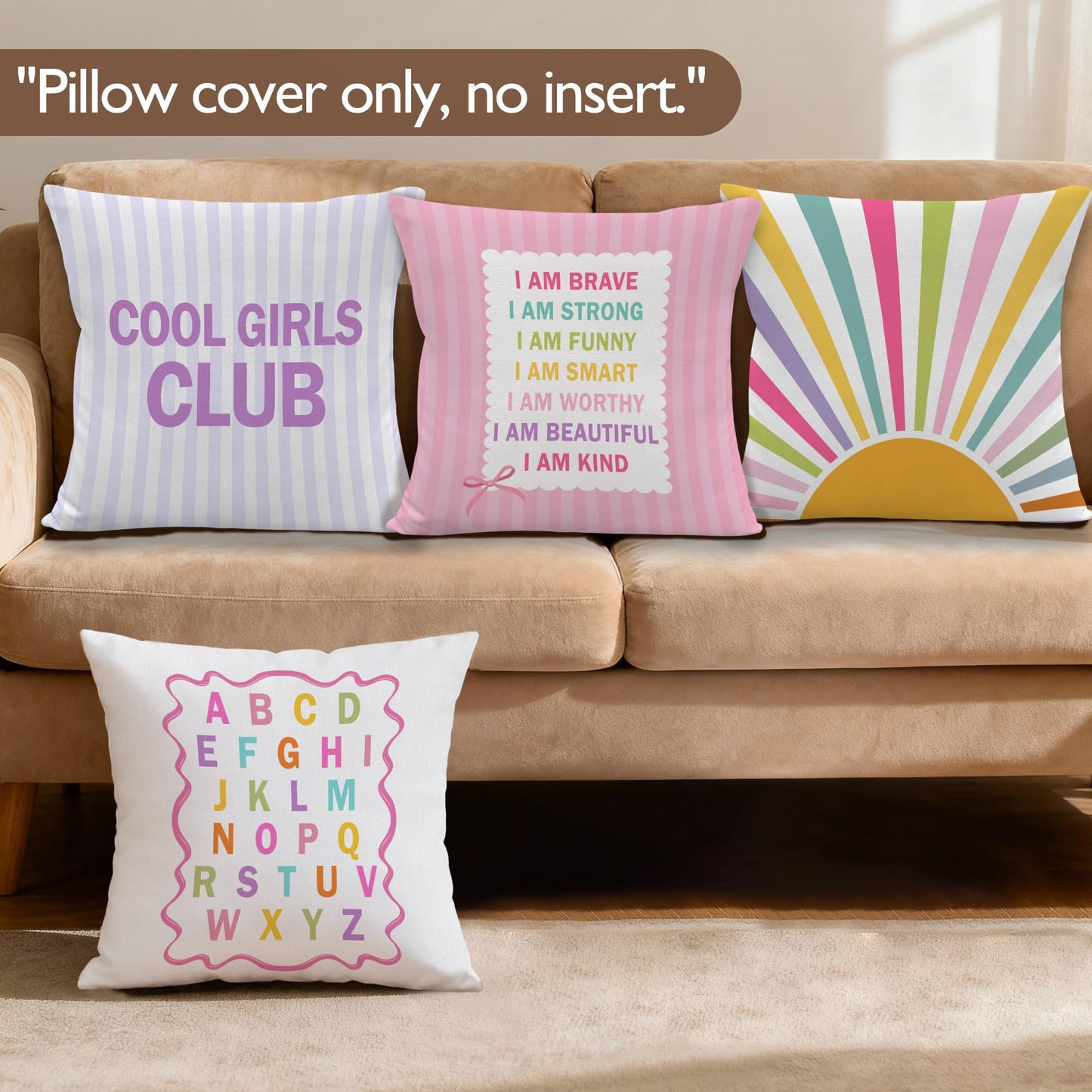 Lengues Funny Boho Nursery Pillow Covers 18x18 inches, Kids Playroom Decor Throw Pillow Covers, Inspirational Alphabet Sunshine Decorative Pillowcases for Kids Girls Room Bedroom Couch, Set of 4