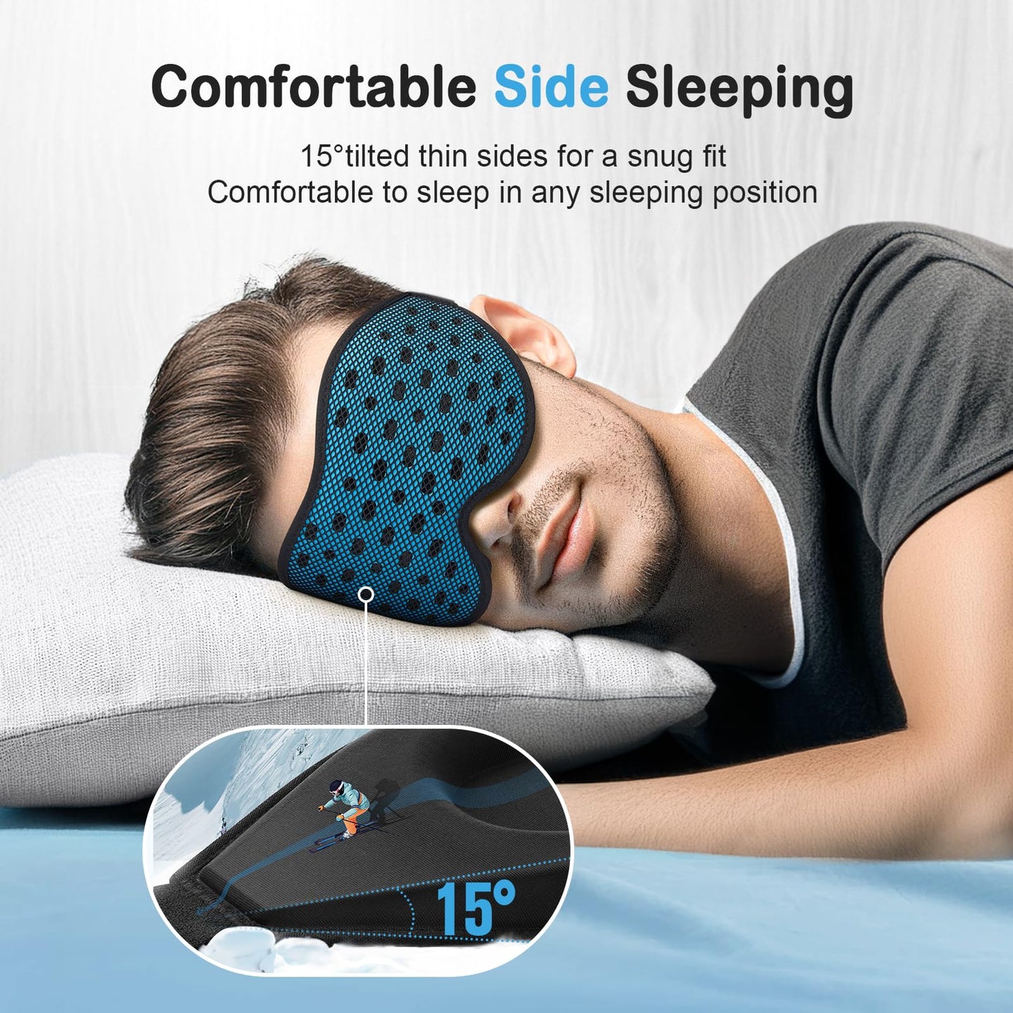 LitBear Breathable Sleep Mask, 3D Eye Mask Sleep for Side Sleepers Women Men, Light Blocking Sleeping Mask with Adjustable Strap, Soft Lightweight Eye Cover for Travel, Night Work, Nap, Office - Blue