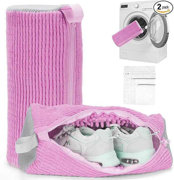 Shoe Washing Machine Bag - Laundry Shoe Bag (2-Pack) Includes 3 Laundry Bags, Reusable, Washer & Dryer Safe, 360° Deep Cleaning for All Shoe Types, Self-Locking Zipper(Purple)