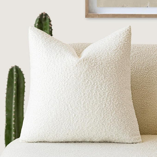 Foindtower Decorative Textured Boucle Throw Pillow Covers Accent Solid Pillow Cases Neutral Soft Cozy Couch Cushion Case for Chair Sofa Bedroom Living Room Home Decor 16x16 Inch,1PC,White