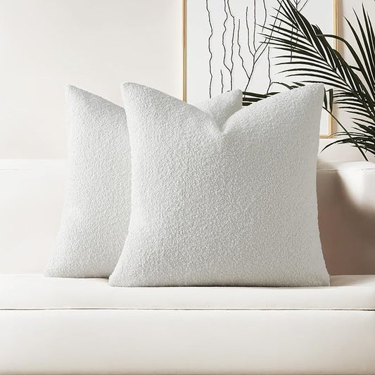 HAUSSY Christmas White Set of 2 18x18 Decorative Throw Pillow Covers, Soft Cozy Textured Boucle Couch Cases, Home Decor for Couch Bed Living Room