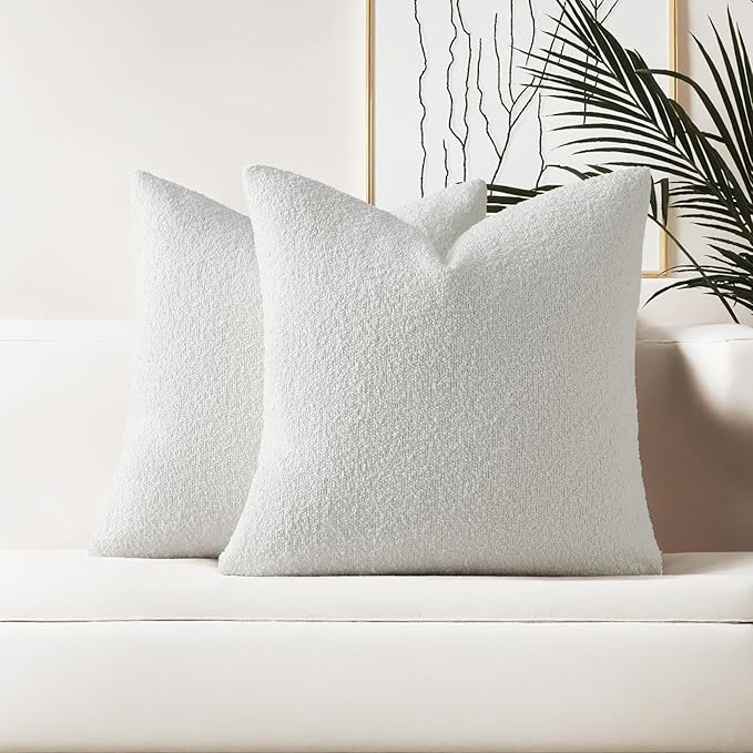 HAUSSY Christmas White Set of 2 24x24 Decorative Throw Pillow Covers, Soft Cozy European Pillow Shams Textured Boucle, Home Decor for Couch Bed Living Room