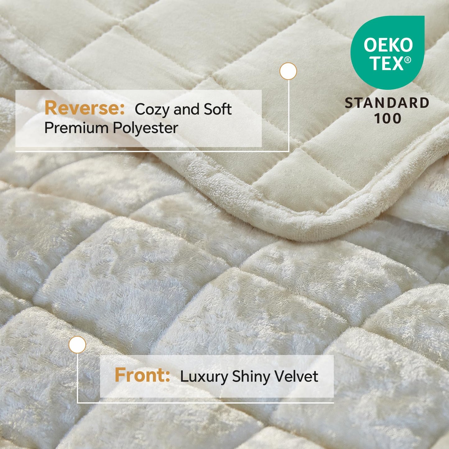 BEDELITE Velvet Quilt Set King Size - Luxury Soft Velvet Comforter Bedding Set for All Season, Lightweight Quilted Box Stitch Oversized Bedspread Coverlet with 2 Matching Shams, Shiny Cream White