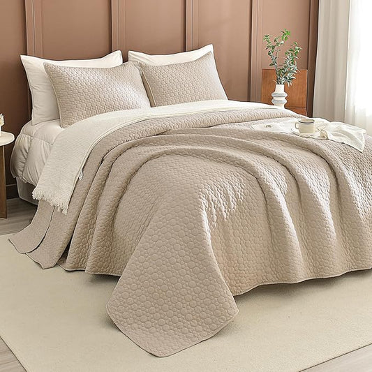 Sanracie Oversized Queen Bedspread Set 102"*118",100% Cotton Quilts Queen Size Linen Colored Circular Quilting Extra Large Quilt Bedding Coverlet Set 3Pcs Quilted Bed Blanket Lightweight