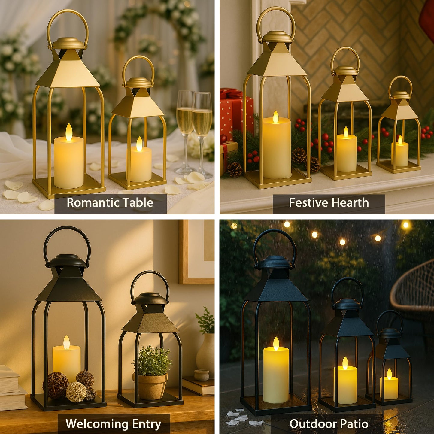 Decorative Metal Lanterns Indoor Outdoor, Candle Holder for Porch, Patio, Fireplace, Floor, Wedding, Christmas, Fall, Holiday, Farmhouse Table Centerpiece (Black, Set of 2 15.7" 12")