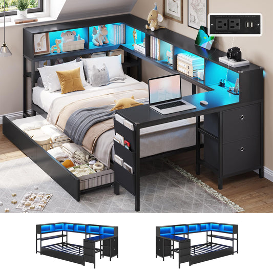 DICTAC Corner Twin Bed Frame with Desk,Charging Station and Bookcase Storage Twin Size Daybed for Kids/Teen with Storage Drawers,Led Lights and Shelves Twin Size Platform Bed Frame with Desk,Black