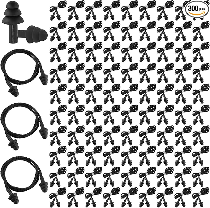 Xuhal 300 Pairs Black Corded Ear Plugs Silicone Reusable Earplugs Sound Blocking Individually Wrapped Ear Plugs Protection Hearing EarPlugs for Sleeping, Music, Shooting, Construction Work, Sports
