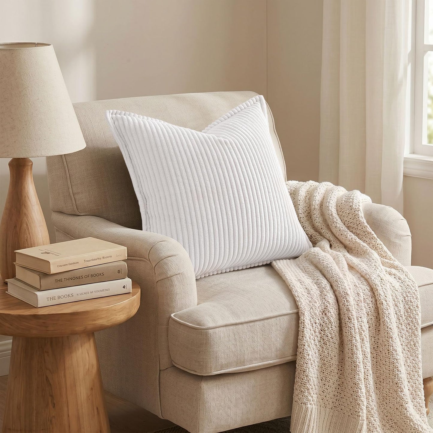 Mecatny Corduroy Throw Pillow Covers 24x24 Set of 2, Neutral Decorative Soft Boho Couch Pillow Covers with Broadside for Sofa Living Room, White