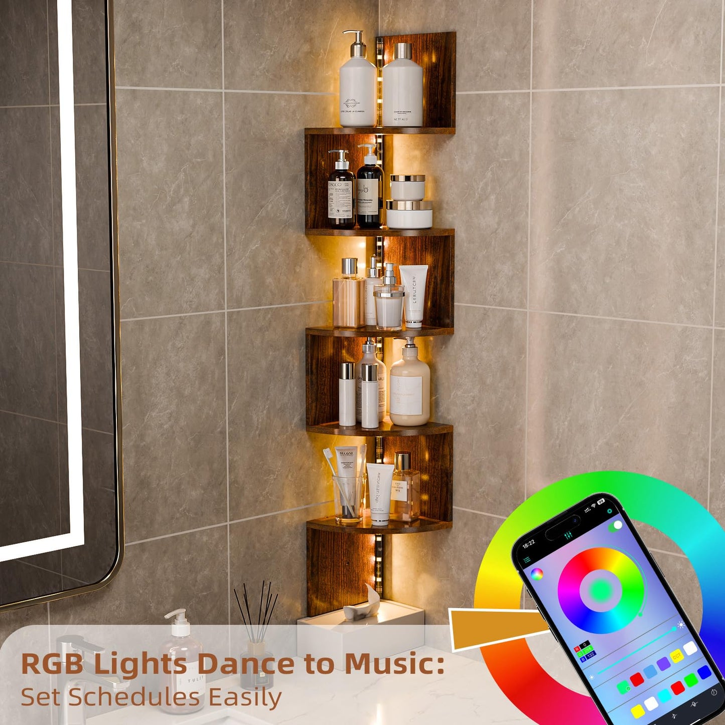HAAYOT Corner Shelf Wall Mounted: 5-Tier Floating Shelves with Lights for Living Room, Bedroom, Home Office, Rustic Brown