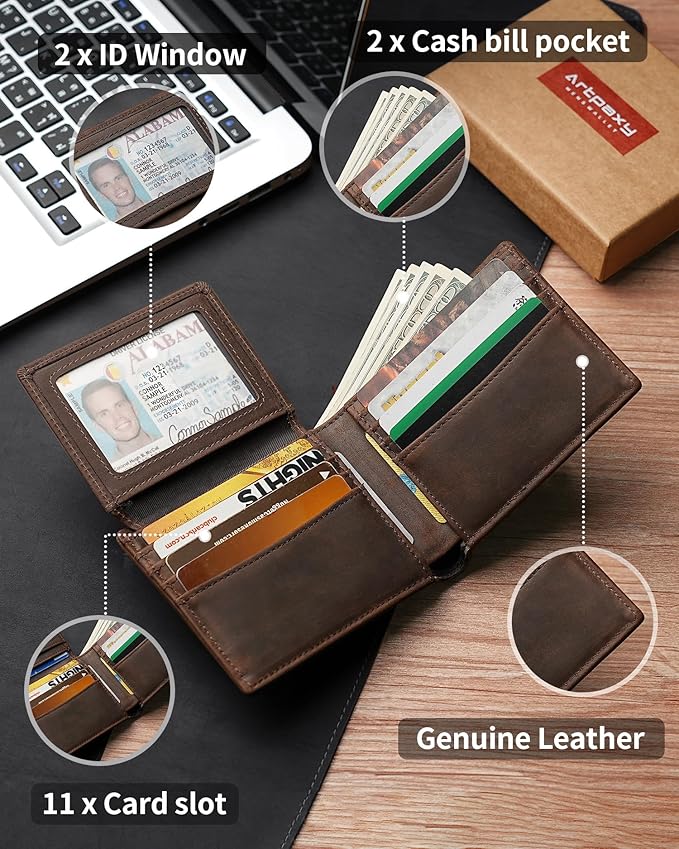 Artpaxy Mens Wallet Bifold Genuine Leather RFID Blocking Wallet for Men with 2 ID Windows 11 Card Holders 2 cash pockets 1 Gift Box
