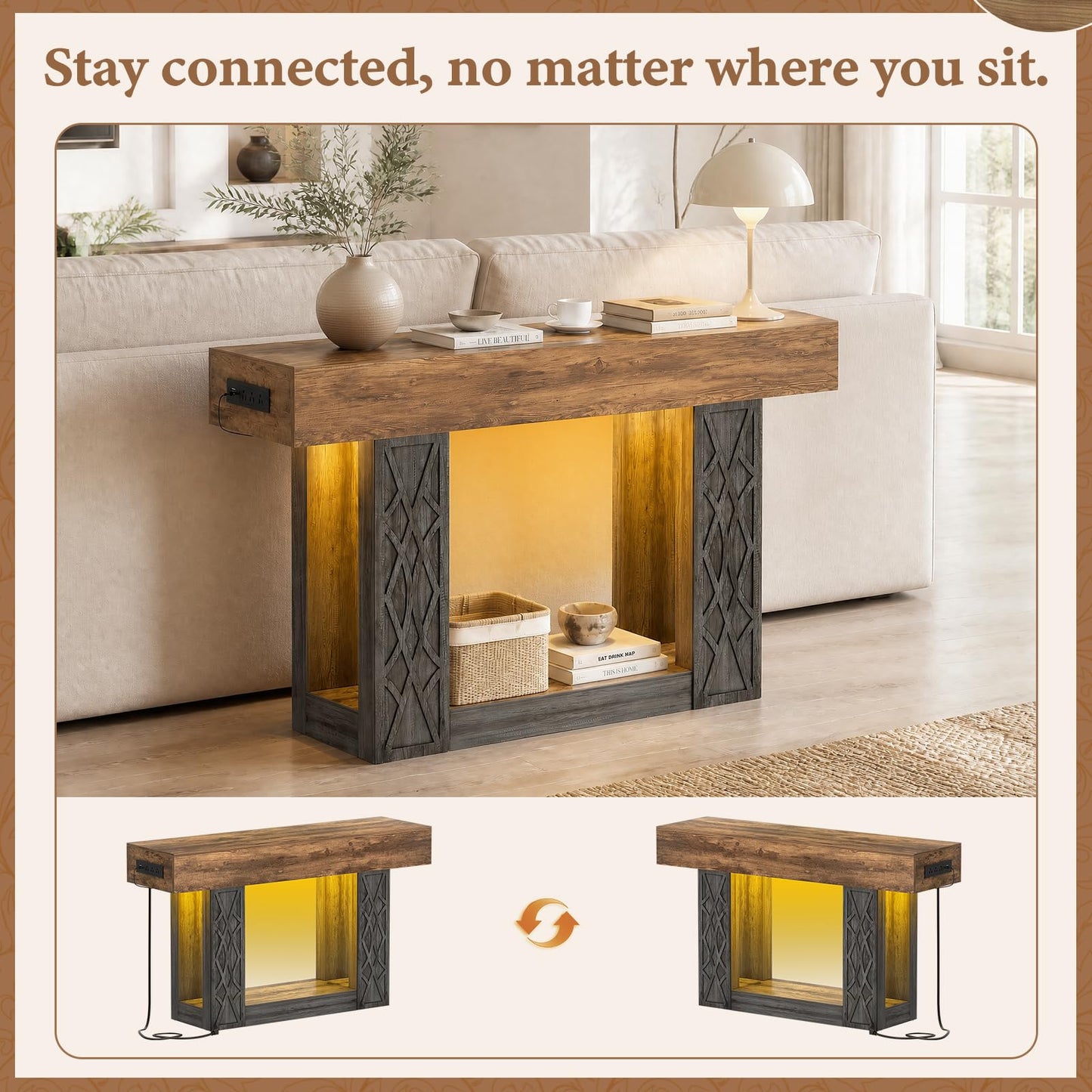 Unikito 47" Console Table with Outlets & LED Lights, Farmhouse Entryway Table with Unique Geometric Pattern, Sofa Table Behind Couch with 2-Tier Storage for Living Room, Hallway, Foyer, Grey & Brown