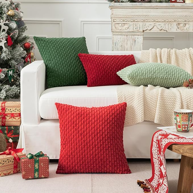 Kevin Textile Christmas Red Corduroy Decorative Throw Pillow Covers 24x24 Inch Pack of 2 Soft Boho Striped Pillow Covers Modern Farmhouse Home Decor for Autumn Sofa Living Room Couch Bed