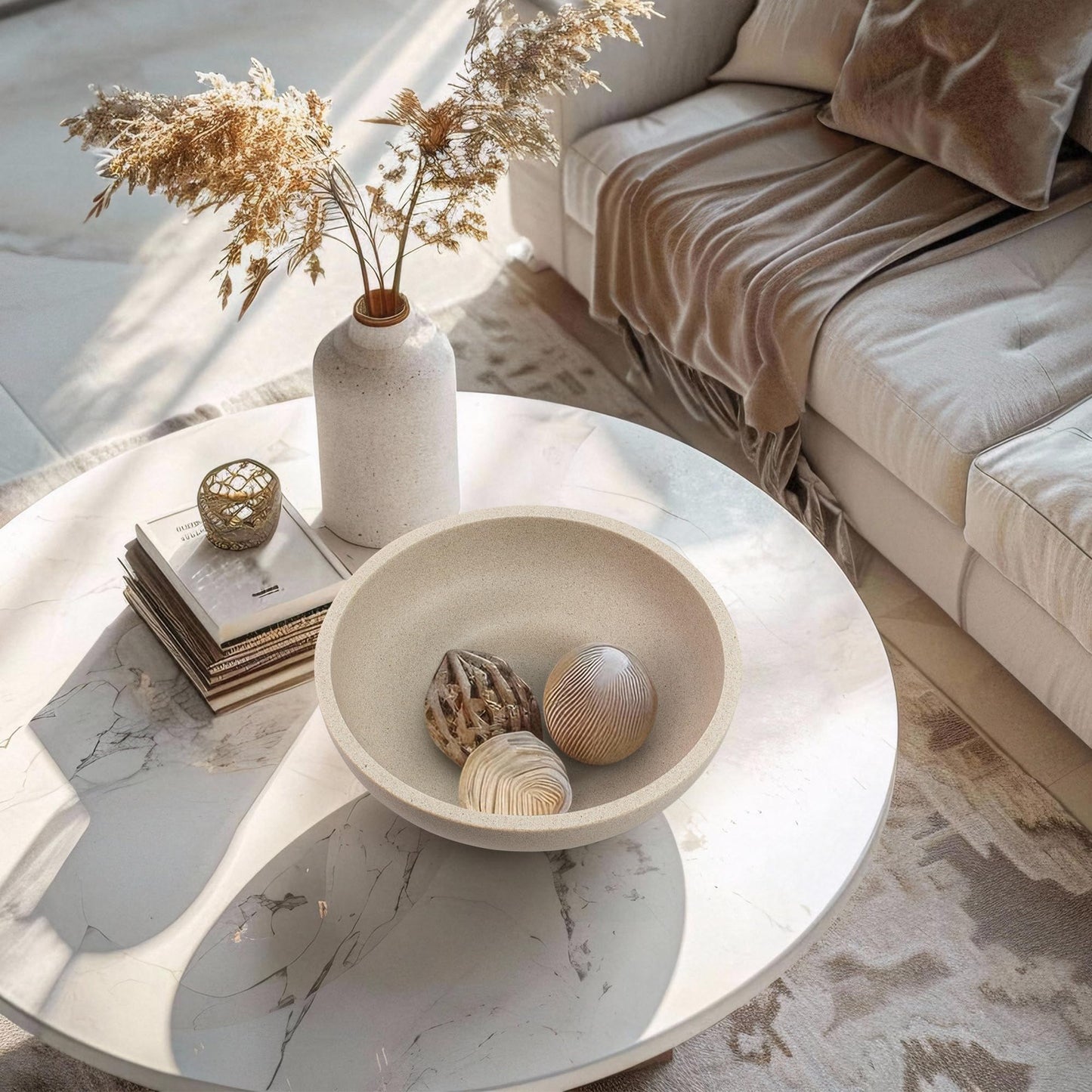 YMXYJM Large Decorative Bowl, Modern Resin Fruit Bowl for Kitchen Counter, Handmade Bowl for Home Decor, Stylish Key Bowl for Entry Table & Shelf, Artificial Stone Beige