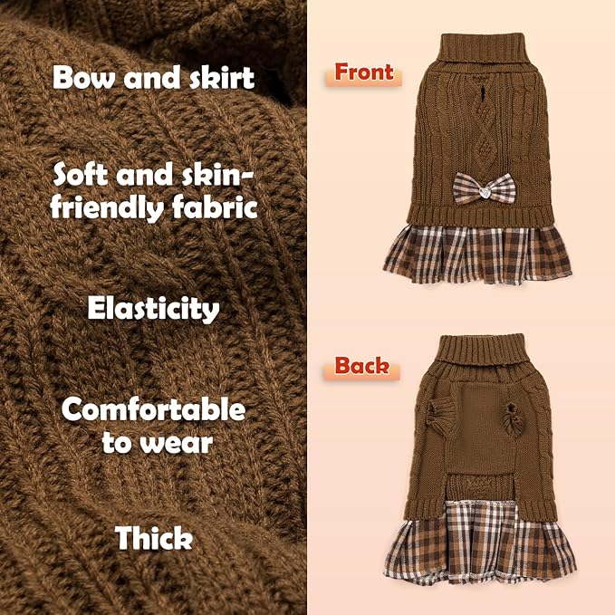 YUDODO Small Dog Sweater Dress with Bowtie Turtleneck - Knitted Pet Girl Dog Winter Clothes - Pet Warm Sweater for Puppy Yorkies, Chihuahua (XL Brown)