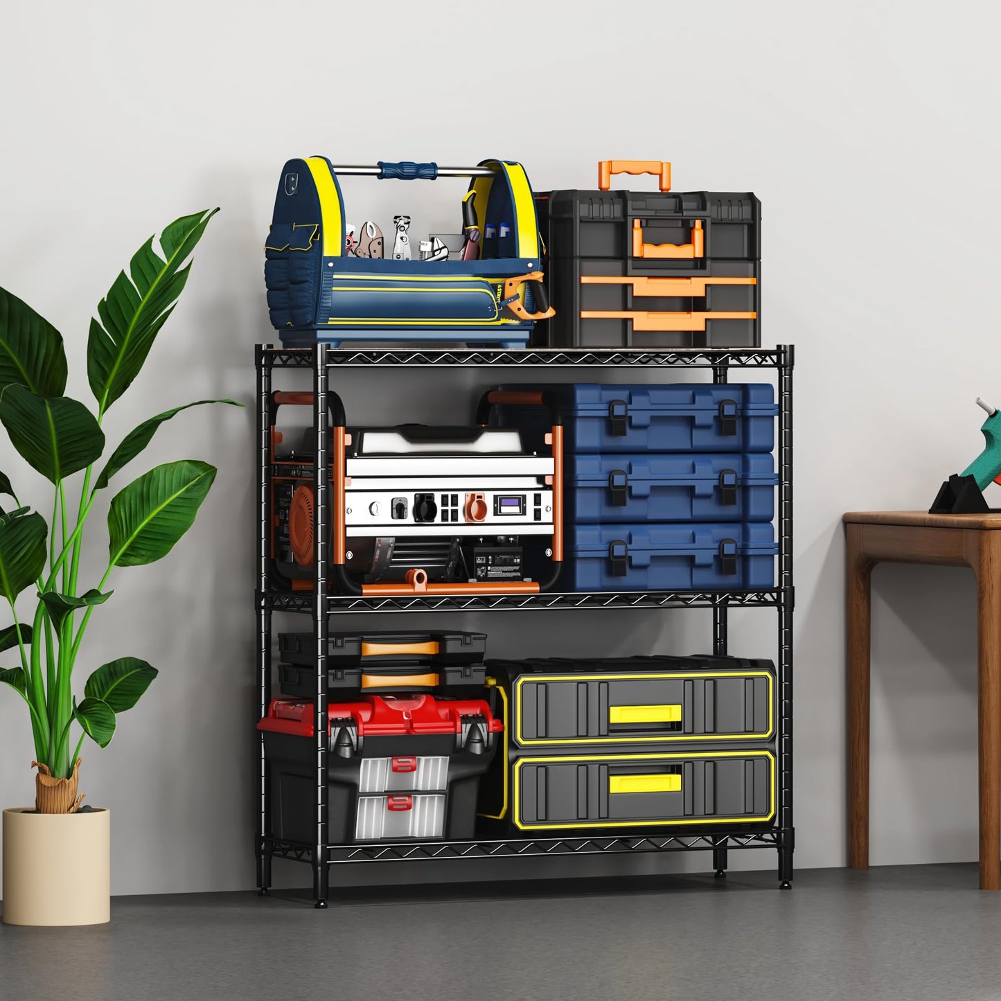 Homeiju 3-Tier Storage Rack, 29.8" Wide Heavy Duty Metal Shelving Unit, Top Tier with Removable Wood Board, 200 lbs Capacity per Shelf, for Pantry, Bathroom, Garage, Entryway, Plant Stand