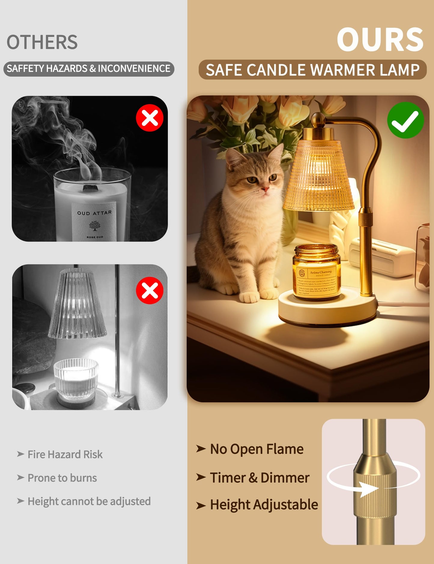 Candle Warmer Lamp for Jar Candles, Height Adjustable & Dimmable with 2/4/8H Timer, 2*50W Halogen Wax Melter Warmer for Home Office Décor, Flameless & Smokeless, Gift for Women Mom,Gold- Amber/1 Pack