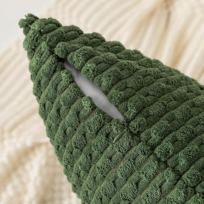 Kevin Textile Throw Pillow Covers Soft Corduroy Decorative Set of 2 Boho Striped Pillow Covers Pillowcases Farmhouse Home Decor for Couch Bed Sofa Living Room 26x26 Inch Moss Green
