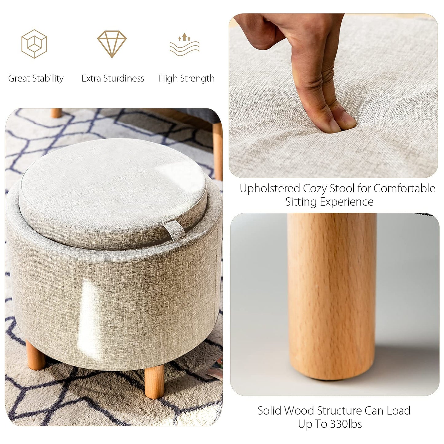 Giantex Round Storage Ottoman with Tray Lid, Accent Storage Footstool w/Soft Padding, Fabric Sitting Stool w/Solid Wood Legs & Non-Slip Pads, Tray Top Coffee Table for Living Room, Bedroom (Beige)