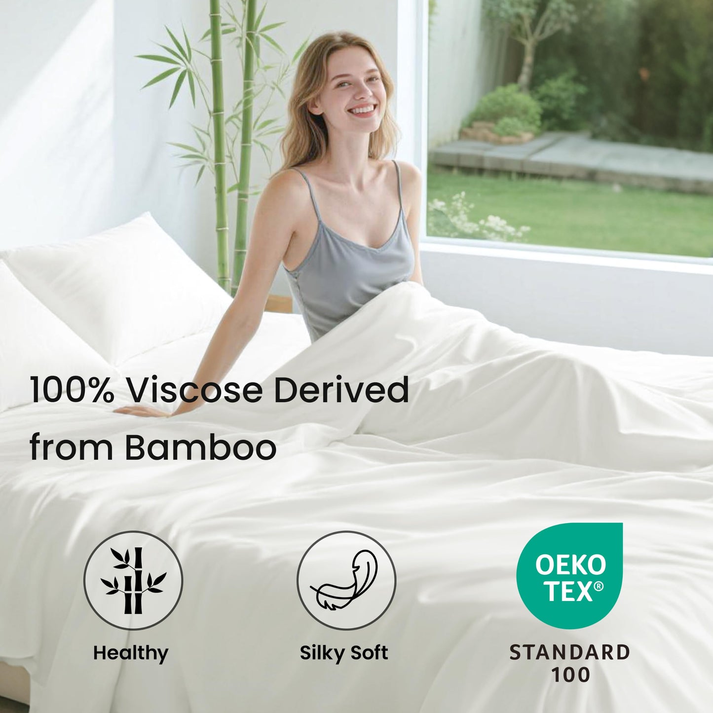 Love's cabin 4 Piece Queen Sheet Set, 100% Rayon Derived from Bamboo, Cooling & Breathable, Soft Silky Deep Pocket up to 16", Hotel Luxury Bedding for Hot Sleepers, White