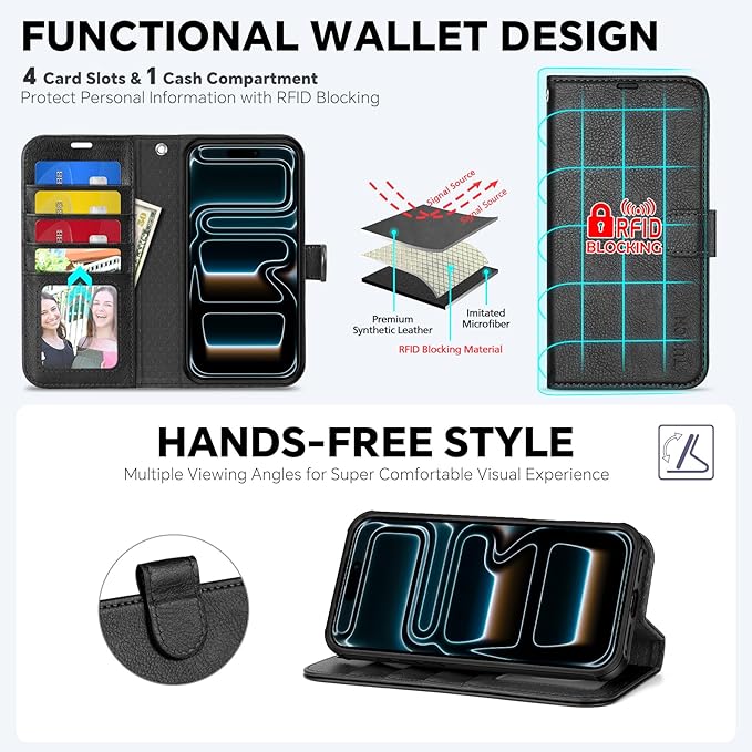 TUCCH Detachable Case Wallet for iPhone 17 Pro (6.3") 2025, Removable Wrist Strap, Wireless Charging, Stand, 4 Card Slots RFID Blocking, 2-in-1 Magnetic, PU Leather, Shockproof Cover, Textured Black
