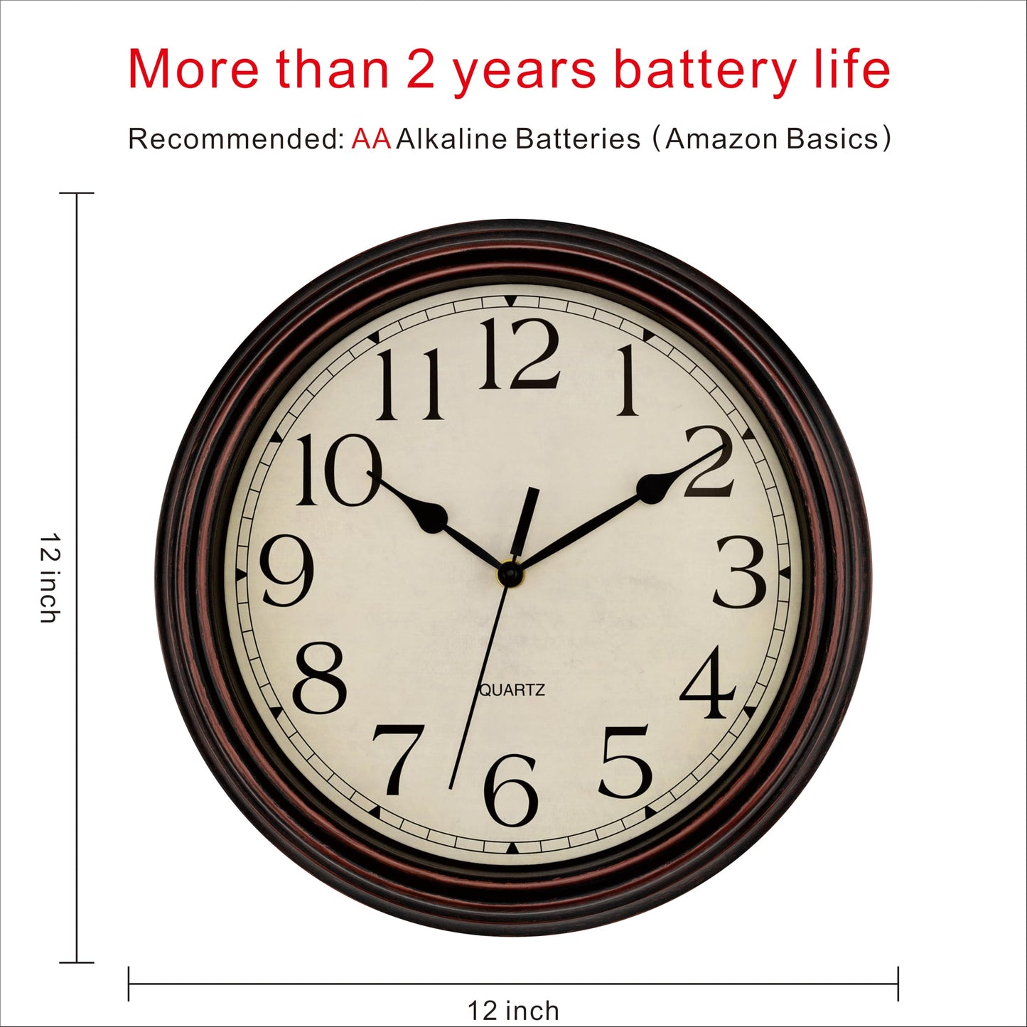 Foxtop Retro Silent Non-Ticking Round Classic Clock Quartz Decorative Battery Operated Wall Clock for Living Room Kitchen Home Office 12 Inch (Bronze)