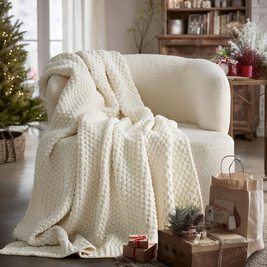 EVERGRACEHOME Chunky Chenille Knit Throw Blanket for Couch, Soft Luxurious Moss Stitch Blankets for Bed, Cozy Decorative Farmhouse Knitted Throws for Sofa, Ivory White, 60" x 80"