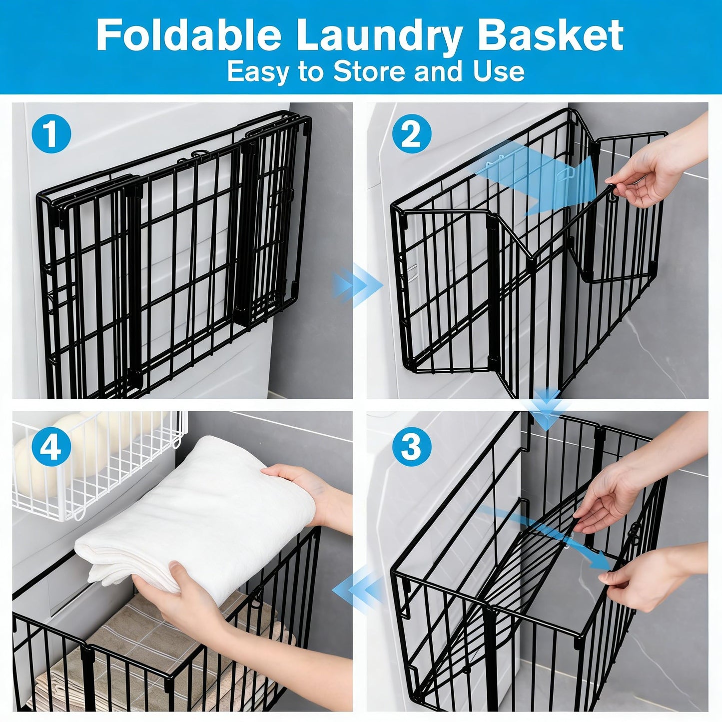 ADVEZO Magnetic Collapsible Laundry Basket, Foldable Metal Laundry Hamper for Washing Machine Side, Space Saving Pop Up Hamper, Laundry Room Organization and Storage (Black)