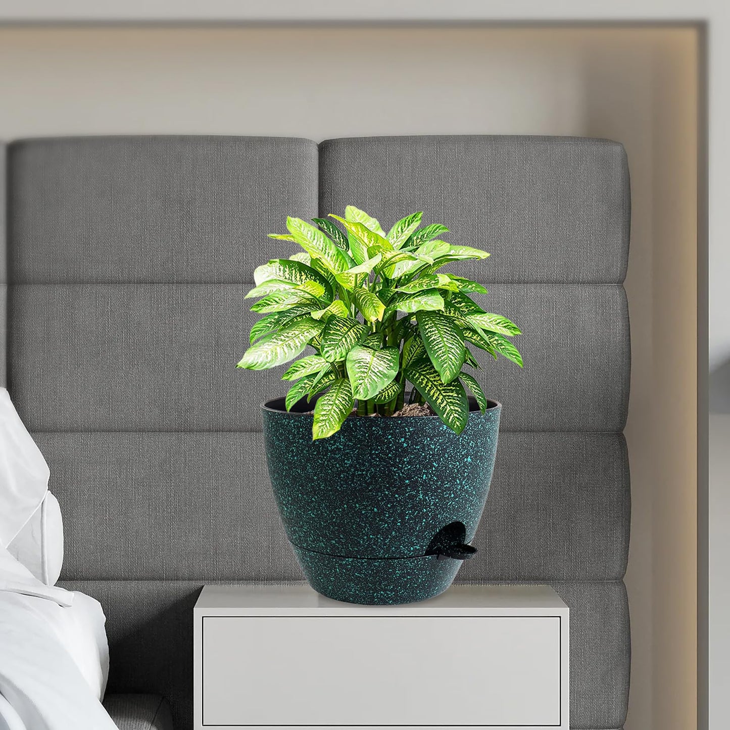 WSMKSZ 12 inch Large Self Watering Pots, Planter, Plant Pots with Mesh Drainage Holes for Indoor Outdoor House Plants and Garden, Plastic Flower Pots with Reservoir, Black with Green Speckles