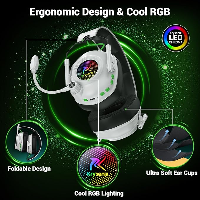 Wireless Gaming Headset with Noise Canceling Microphone for PC, PS5, PS4, Switch, Mac，2.4 GHz Wireless & Bluetooth 5.4 Gaming Headphones, Cool RGB Lighting, 40Hr Battery, 50mm Drivers(Pure White)