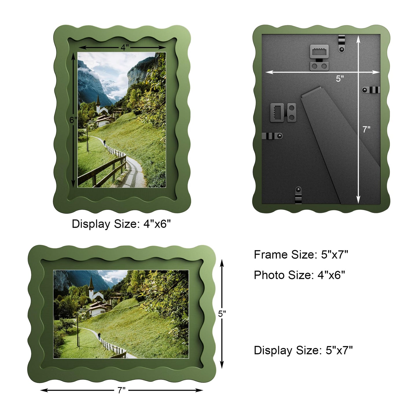 Chrspk 5x7 Wavy Picture Frame With Mat For 4x6, Wavy Edge Wooden Picture Frame with Real Glass - Wall Mount and Tabletop Display, Green, 2 Pack