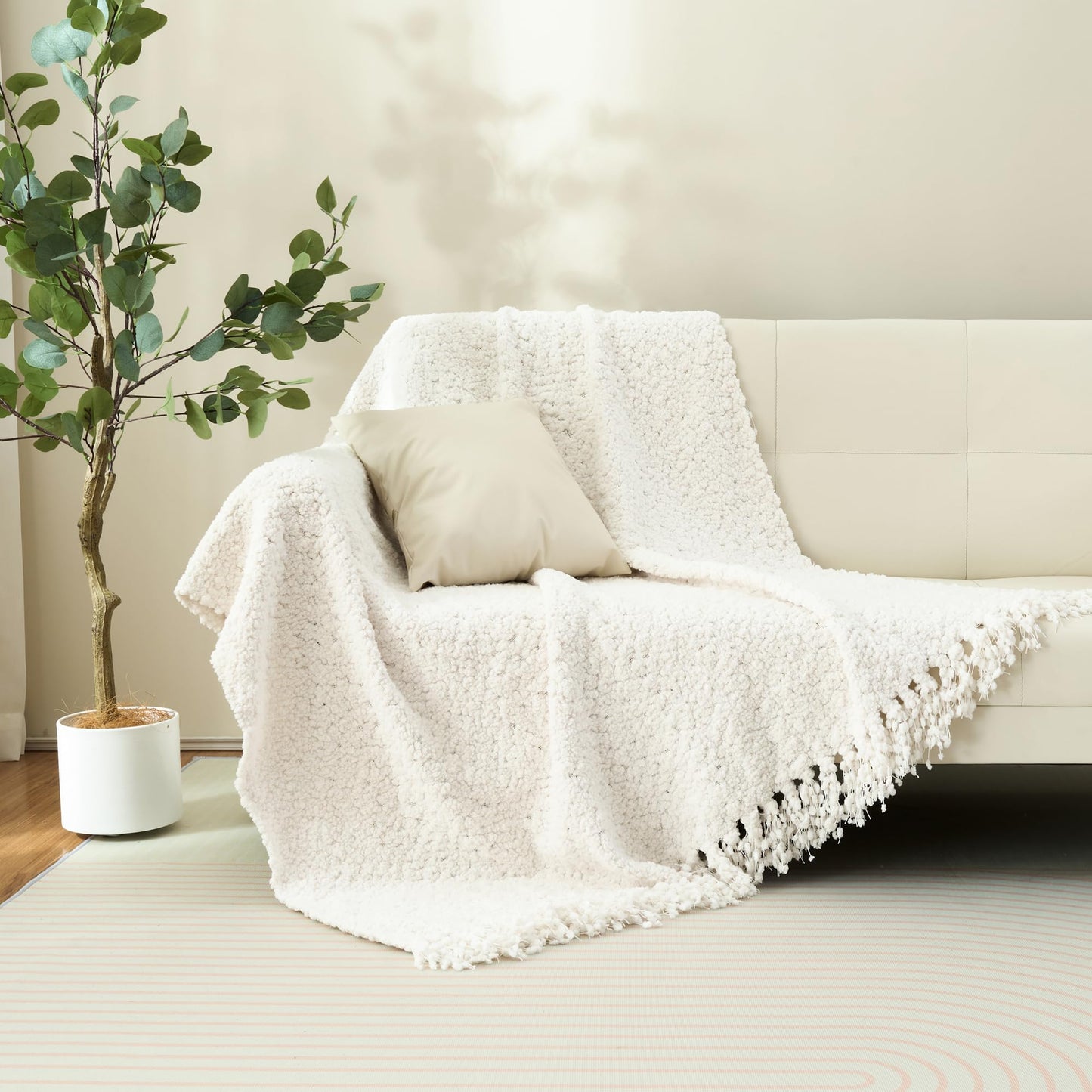 LONG CREATE Throw Blanket for Couch, White Luxury Knitted Throws 50"x60", Textured Blankets with Handmade Fringe Tassels for Bed Sofa Decorative, Chunky Soft Farmhouse Boho Home Decor