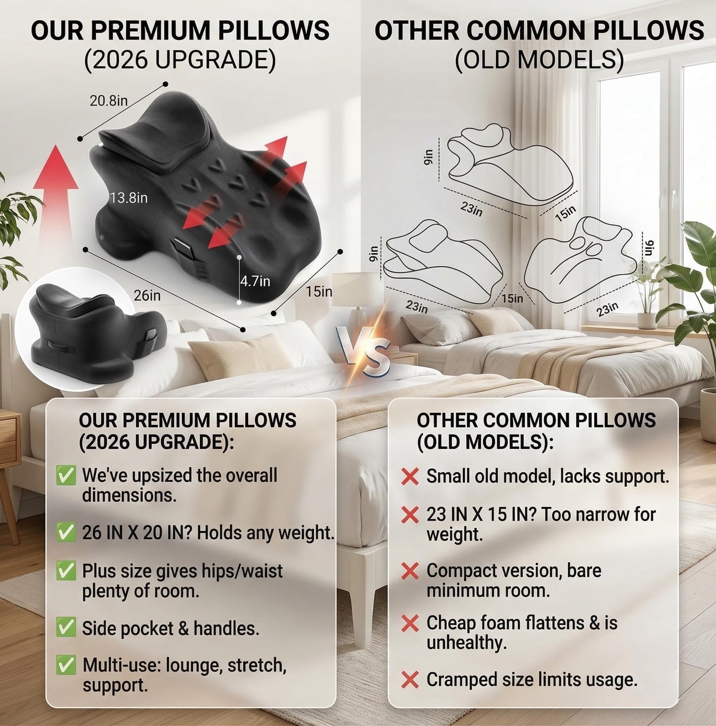 Extra Large Ergonomic Positioning Wedge Pillow, High-Density Memory Foam Support Cushion for Body Support, XL 26" x 20" Size, Multi-Functional Lounge Pillow with Side Pocket & Dual Handles (Grey)