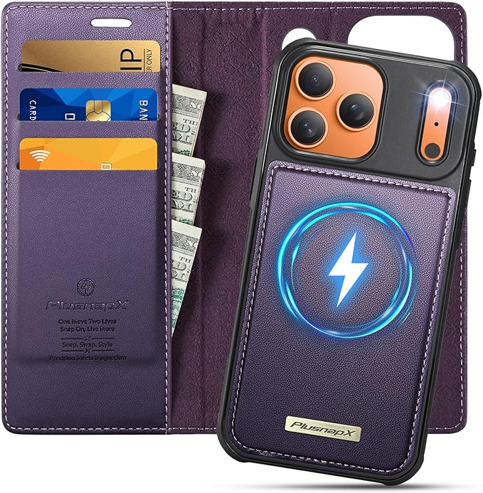 PlusnapX Wallet Case for iPhone 17 Pro Compatible with Magsafe, 2-in-1 PU Leather Flip RFID Blocking Card Holder Stand Shockproof Magnetic Detachable Cover for iPhone 17 Pro Case 6.3", Fashion Purple