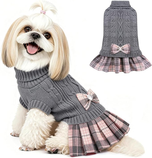 YUDODO Small Dog Sweater Dress with Bowtie Turtleneck - Knitted Pet Girl Dog Winter Clothes - Pet Warm Sweater for Puppy Yorkies, Chihuahua (XL Grey)
