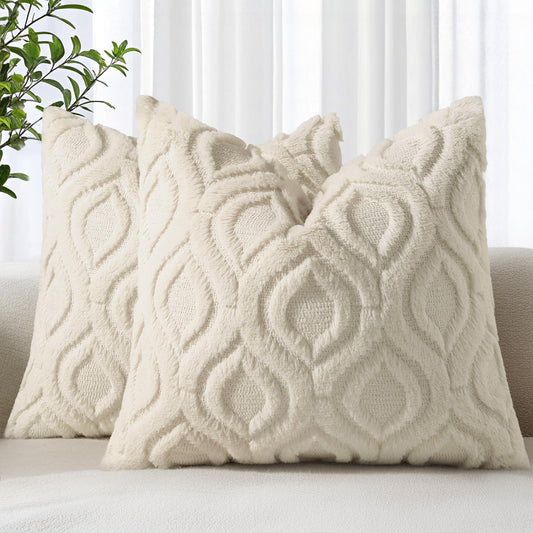 decorUhome Throw Pillow Covers 24x24 Inch Set of 2, Soft Plush Faux Wool Beige Solid Couch Pillow Covers, Accent Euro Sham Farmhouse Neutral Square Pillow Cases for Sofa Bed Living Room
