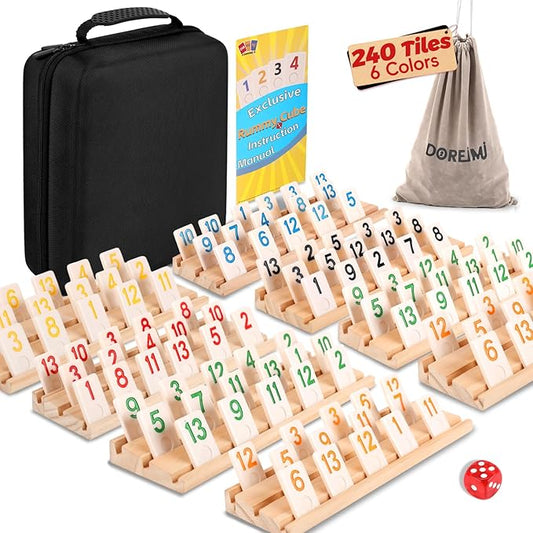 Deluxe Rummy Cube Game Set 6-8 Players with 8 Wooden Racks and 240 Melamine Rummy Tiles, Travel Family Board Game for Adults and Kids Age 8+,Birthday Gifts for Women Men Dad Mom