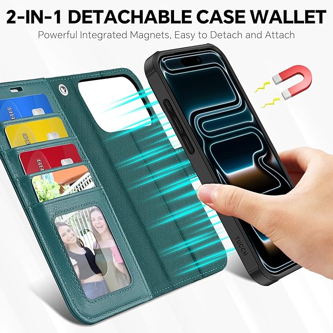 TUCCH Removable Case Wallet for iPhone 17 Pro Max (6.9") 2025, Detachable Wrist Strap, Wireless Charging, Stand, 4 Card Slots RFID Blocking, 2-in-1 Magnetic, PU Leather Shockproof Cover, Teal Blue