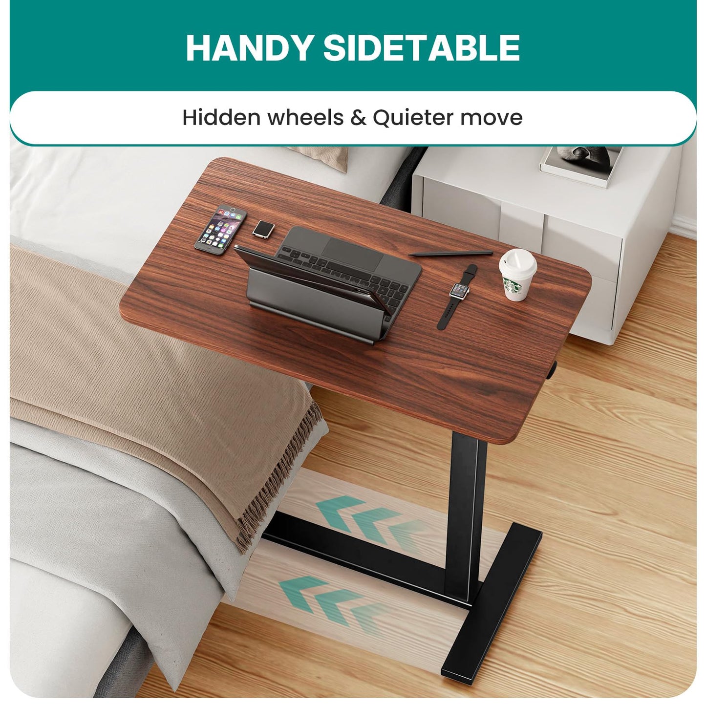 OLIXIS Overbed Bedside Table, Adjustable Hospital & Home Use Bed Table with Wheels, Rolling Laptop Tables, Mobile Standing Desk, Sturdy & Space Saving Design, Rust