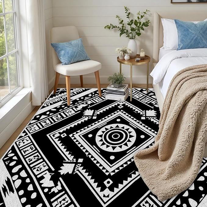 Area Rugs for Living Room 8x10, Moroccan Washable Low Pile Rug, Boho Neutral Farmhouse Ultra Soft Carpet for Bedroom Dining Room Home Decor, Geometric Print Tribal Carpets Black and White