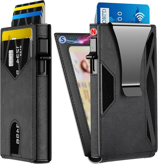 KISUEDZP Wallet for Men Slim RFID Blocking-Metal Smart Pop-Up Credit Card Holder with 2 ID Windows, Holds 8-10 Cards,Bifold Minimalist Front Pocket Wallet & Money Clip,Men's accessories (Black)